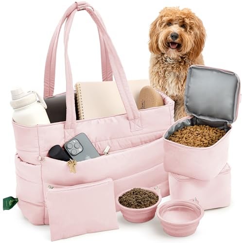 rubyloo Puffer Dog Travel Bag for Dog Moms Doggy Diaper Bag with Pet Bowls Food Storage or Everyday Puffy Tote Doggy Mom Gifts for Women Lightweight TravelReady Gift for Pet Lovers Pink - Image 1
