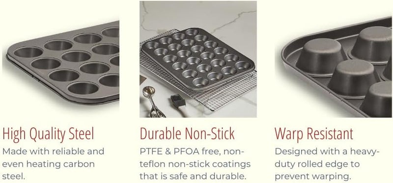 husMait Premium Quality Mini-Muffin Pan, Baking Sheet, and Cooling Rack. For Baking Mini Cupcakes, Muffins, Bite Size Tarts, Cookies. Non-Stick, Dishwasher Safe, Oven Safe (Muffin Pan) - Image 3