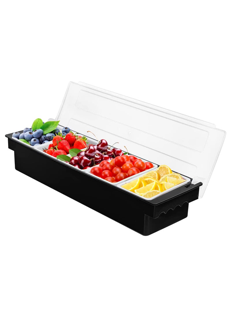 FEOOWV 5 Compartment Plastic Dispenser Fruit Veggie Condiment Caddy with LidIce Cooled Condiment Serving Container Chilled Garnish Tray Bar Caddy for Home Work or Restaurant Black 