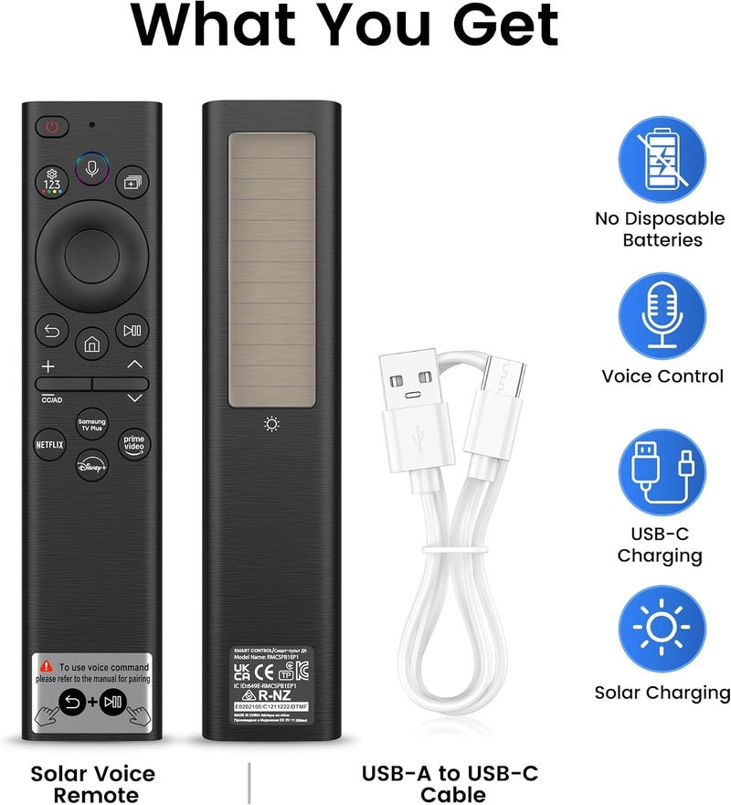 for Samsung TV Remote, Rechargeable Solar Remote for Samsung Frame Smart TV, Solarcell, USB-C Fast Charging, Voice&BT, Compatbile with Samsung Remote Control for 2025-2018 Smart TV BN59-01385A - Image 3