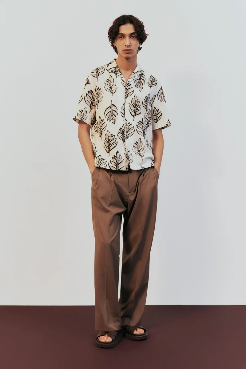 H&M 002-12-230-Beige Dusty Light Regular Fit Linen-blend resort shirt for Men | Best Price UAE