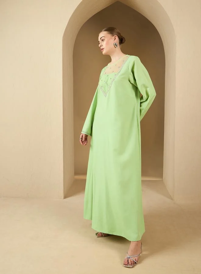 Styli Styli Embellished Mesh Insert Round Neck A-Line Jalabyia