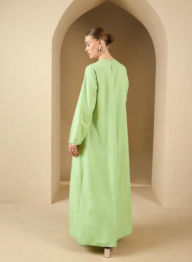 Styli Styli Embellished Mesh Insert Round Neck A-Line Jalabyia