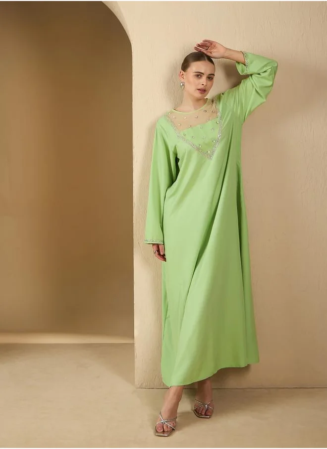 Styli Styli Embellished Mesh Insert Round Neck A-Line Jalabyia