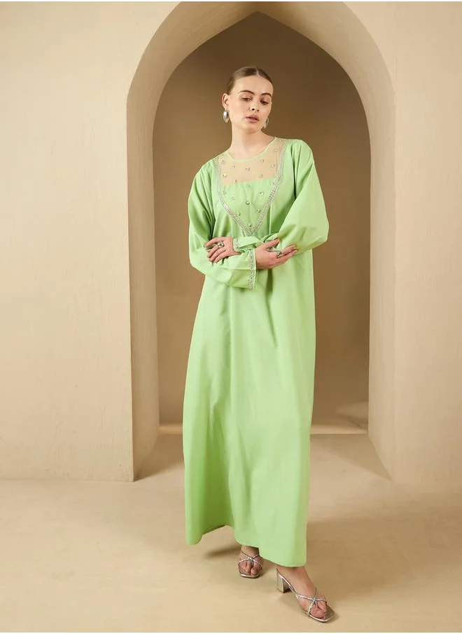 Styli Styli Embellished Mesh Insert Round Neck A-Line Jalabyia