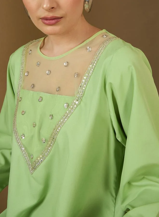 Styli Styli Embellished Mesh Insert Round Neck A-Line Jalabyia