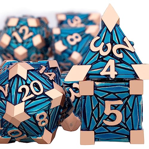 ORIFANTOU 7PCS Metal DND Dice Set with Box Debris RPG Copper Blue D and D Dice for use with DD Tabletop Games Role Playing Game Polyhedral Dice Set D20 D12 D10 D8 D6 D4 - Image 5