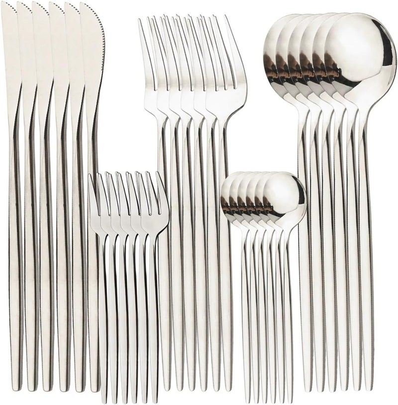30Pcs Cutlery Set Stainless Steel Dinnerware Western Flatware Knife Fork Tea Spoon Mirror Tableware Kitchen Silverware(Silver 30Pcs) - Image 1