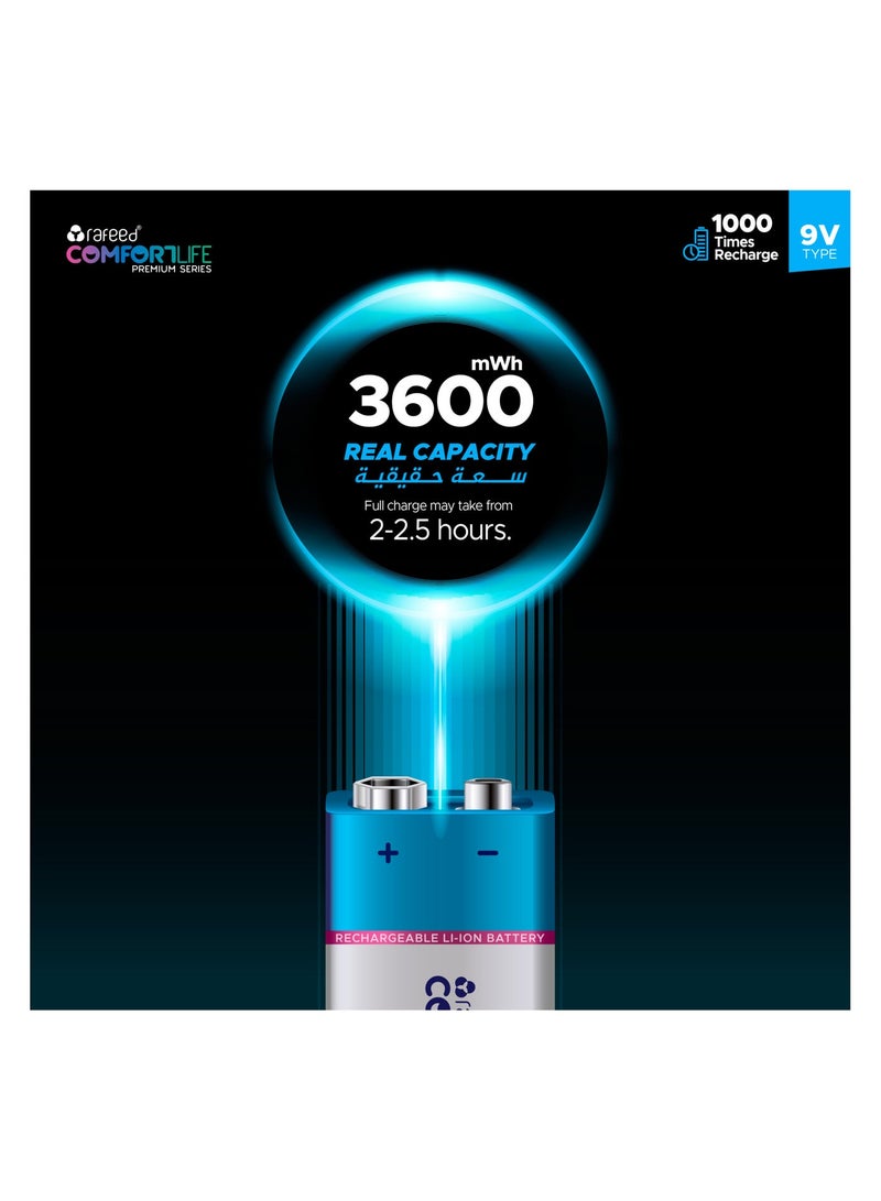 رافيد بطارية رافيد كومفورت لايف 9 فولت ليثيوم أيون قابلة للشحن 400 مللي أمبير مع شحن USB Type-C وكابل شحن وأكثر من 1000 دورة شحن - Image 3