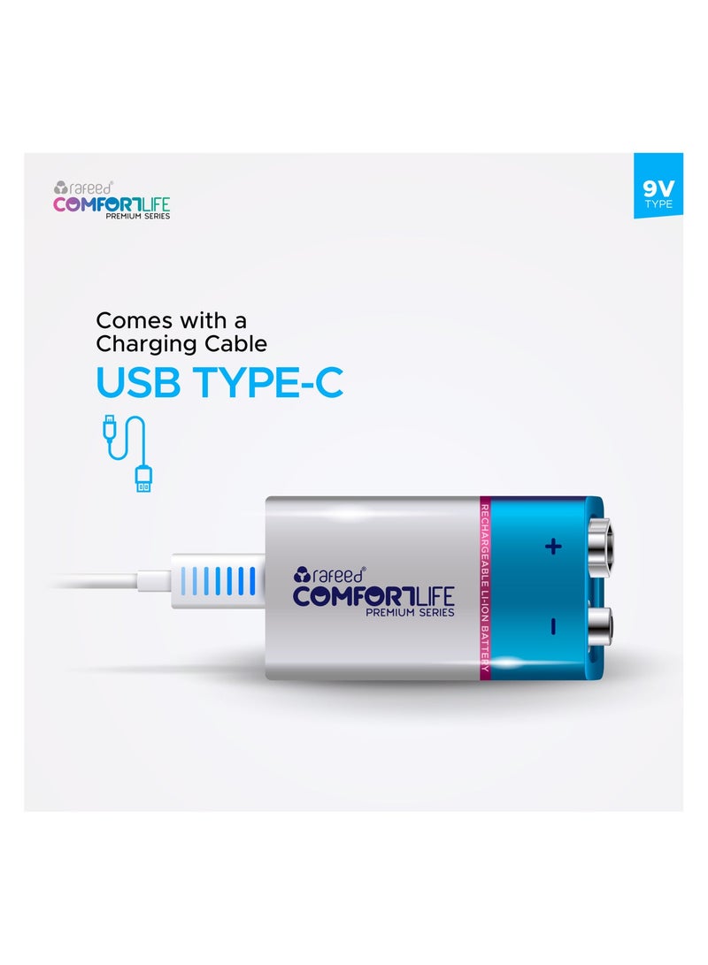 رافيد بطارية رافيد كومفورت لايف 9 فولت ليثيوم أيون قابلة للشحن 400 مللي أمبير مع شحن USB Type-C وكابل شحن وأكثر من 1000 دورة شحن - Image 1