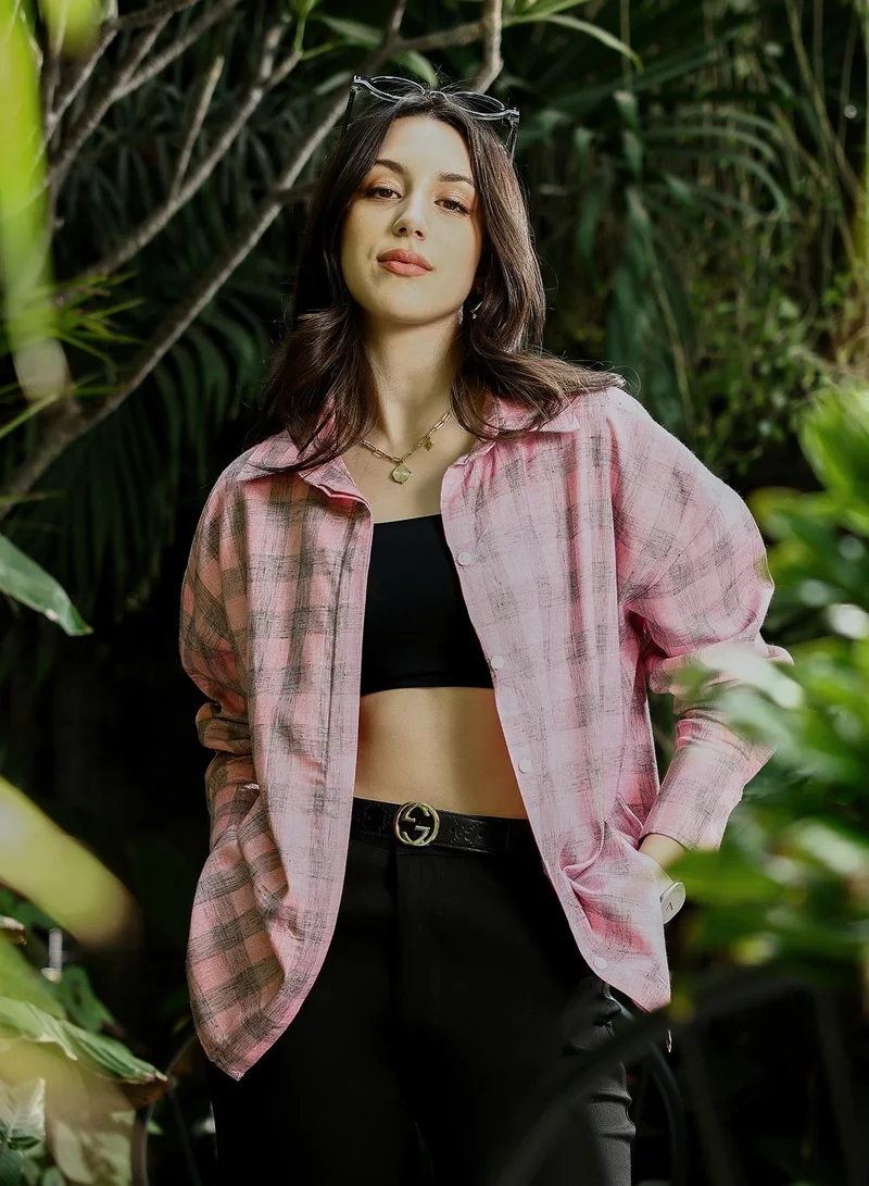 Women's Buffalo-Check Oversized Shirt | Spread Collar , Long Button-Cuff Sleeves, Button Closure | Checks Twill Woven Shirt For Casual & Daily Wear | Rose Pink