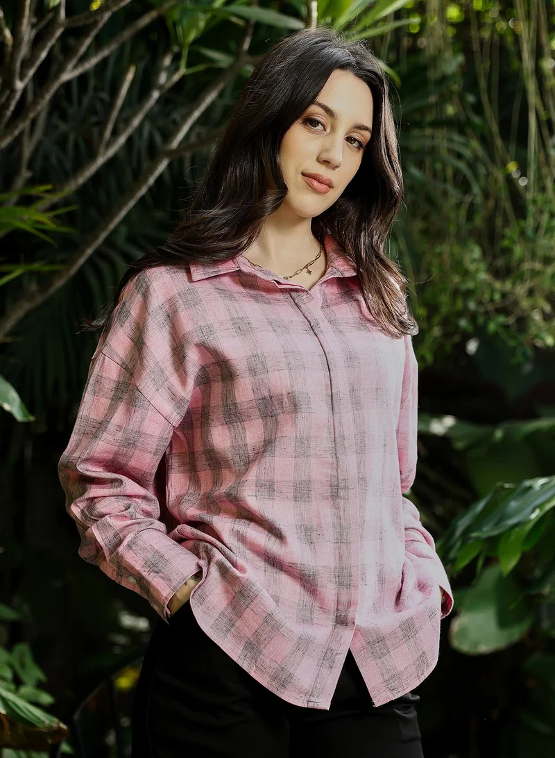 Pinacolada  Women's Buffalo-Check Oversized Shirt | Spread Collar , Long Button-Cuff Sleeves, Button Closure | Checks Twill Woven Shirt For Casual & Daily Wear | Rose Pink for Women | Best Price UAE