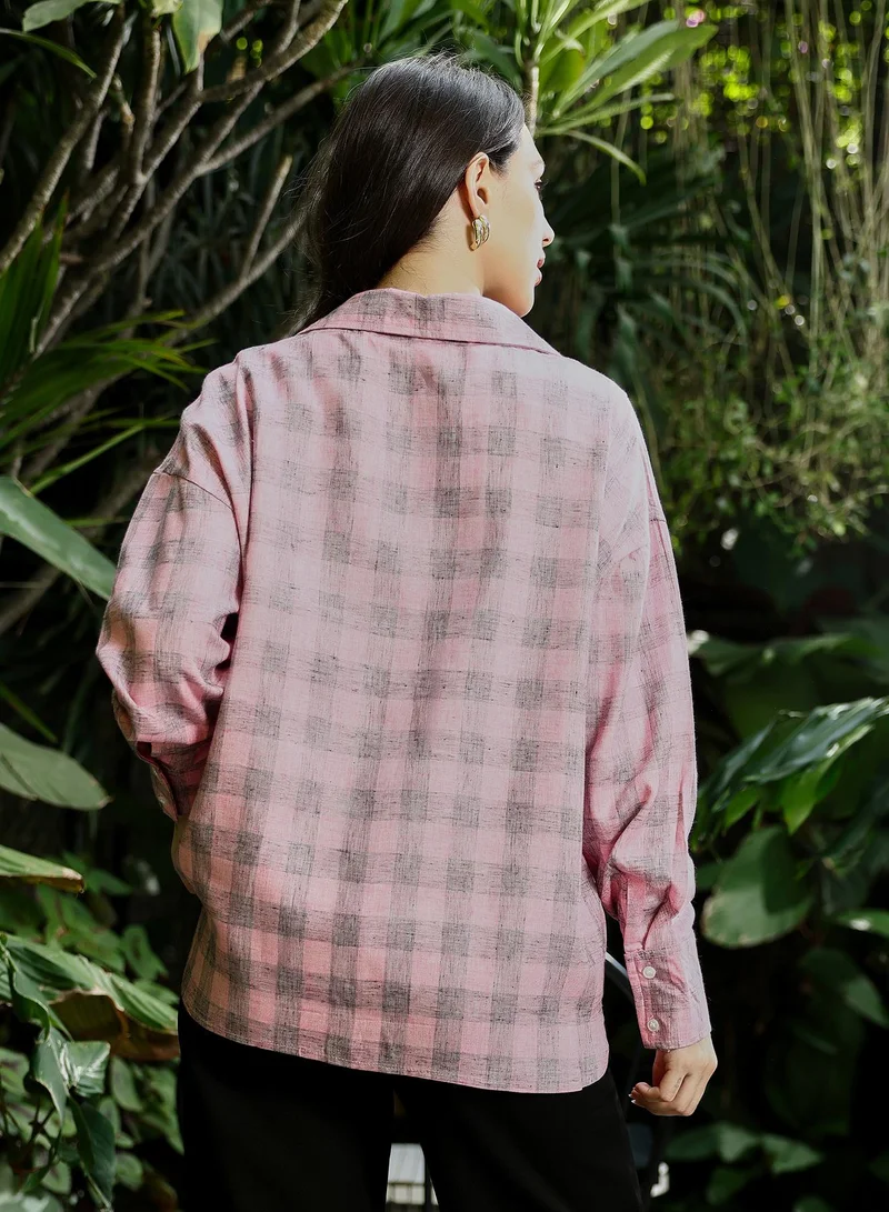 Pinacolada  Women's Buffalo-Check Oversized Shirt | Spread Collar , Long Button-Cuff Sleeves, Button Closure | Checks Twill Woven Shirt For Casual & Daily Wear | Rose Pink for Women | Best Price UAE