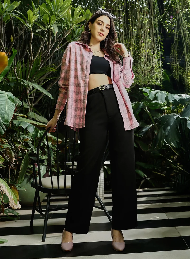 Pinacolada  Women's Buffalo-Check Oversized Shirt | Spread Collar , Long Button-Cuff Sleeves, Button Closure | Checks Twill Woven Shirt For Casual & Daily Wear | Rose Pink for Women | Best Price UAE