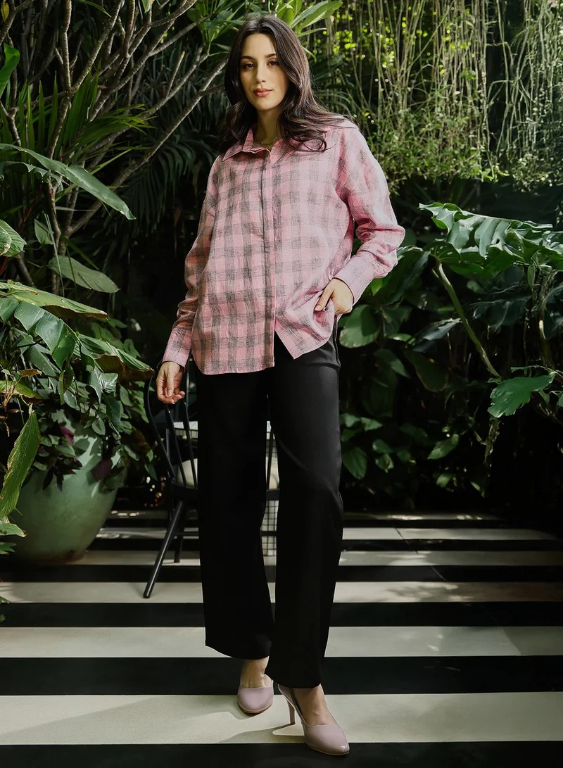 Pinacolada  Women's Buffalo-Check Oversized Shirt | Spread Collar , Long Button-Cuff Sleeves, Button Closure | Checks Twill Woven Shirt For Casual & Daily Wear | Rose Pink for Women | Best Price UAE