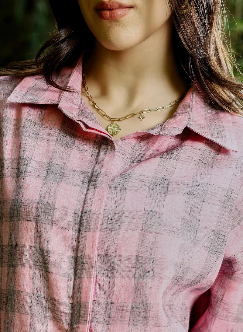 Pinacolada  Women's Buffalo-Check Oversized Shirt | Spread Collar , Long Button-Cuff Sleeves, Button Closure | Checks Twill Woven Shirt For Casual & Daily Wear | Rose Pink for Women | Best Price UAE