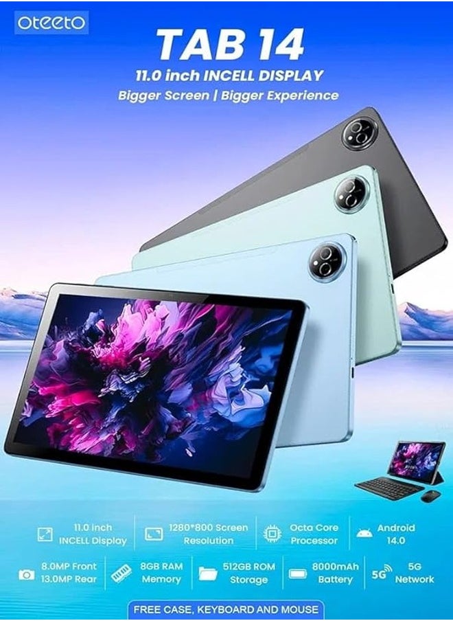 Oteeto - Oteeto Tab 14 5G Tablet, 11-Inch Display, 8GB RAM, 512GB Storage, Android 14, Dual SIM, 8000mAh Battery, 8/13MP Camera, Blue (Case, Keyboard, Mouse Included) - Image 1
