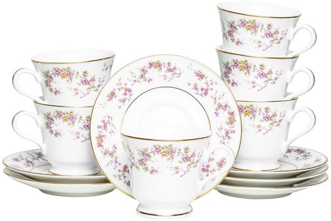 DANKOTUWA LUXURY FLORAL PORCELAIN CUP SAUCER SET OF 6 210ML DISHWASHER SAFE 24K GOLD TRIM IDEAL GIFT VEGAN SCRATCH CHIP RESISTANT ROSE GARDEN