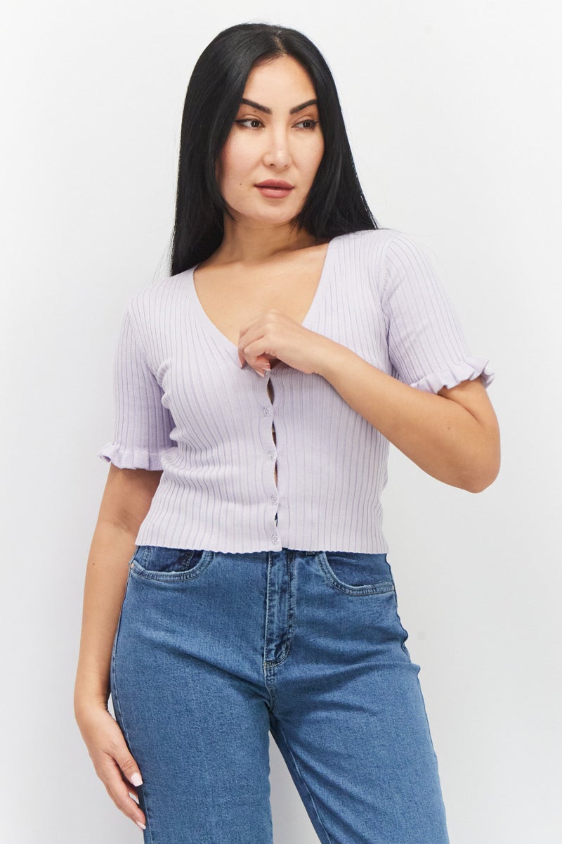 MONKI Women Textured Short Blouse, Light Purple - Image 1