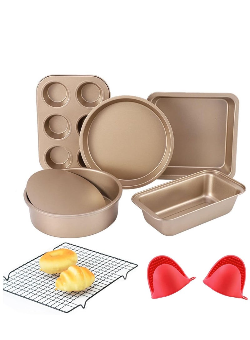 سوفام مجموعة الخبز غير العصا 7 قطع أواني الخبز مجموعة -صينية البيتزا، أواني مستديرة/مربعة، لوف بان، 6 أكواب مافن بان فولاذ الكربون صواني الفرن للخبازين المبتدئين مع رف والقفزات - Image 1