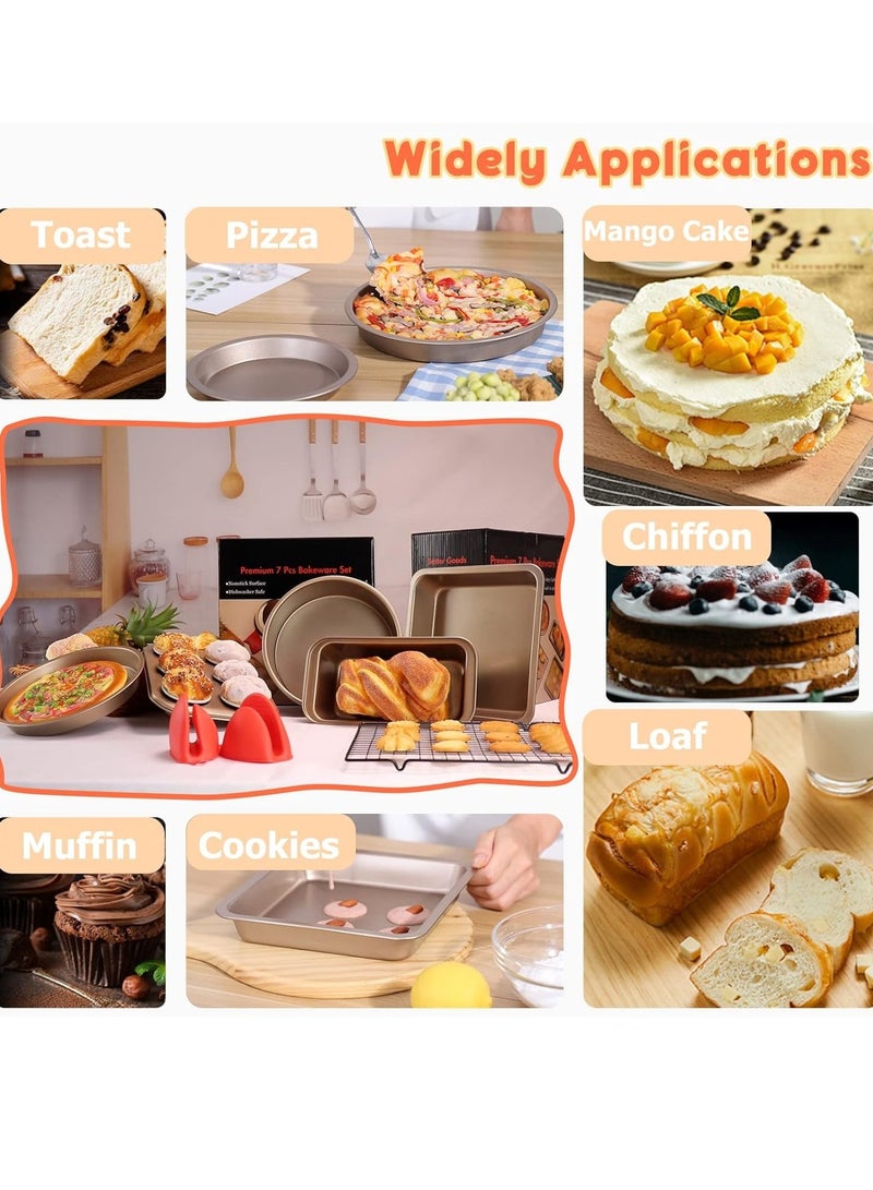 سوفام مجموعة الخبز غير العصا 7 قطع أواني الخبز مجموعة -صينية البيتزا، أواني مستديرة/مربعة، لوف بان، 6 أكواب مافن بان فولاذ الكربون صواني الفرن للخبازين المبتدئين مع رف والقفزات - Image 3