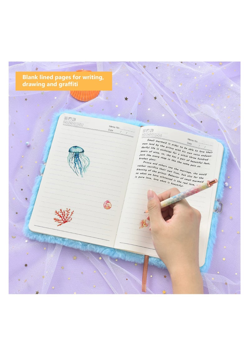 Excefore Plush Mermaid Notebook, A5 Glitter Mermaid Journal, Kids Hardcover Drawing Embroidery Notebooks, with Locks and Keys, for Travel, School, Office Notepad, Gift for Girls  - Image 4
