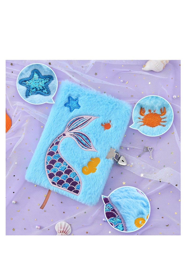 Excefore Plush Mermaid Notebook, A5 Glitter Mermaid Journal, Kids Hardcover Drawing Embroidery Notebooks, with Locks and Keys, for Travel, School, Office Notepad, Gift for Girls  - Image 3