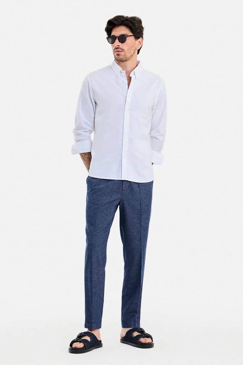 SNITCH Navy Textured Regular Fit Casual Trousers
