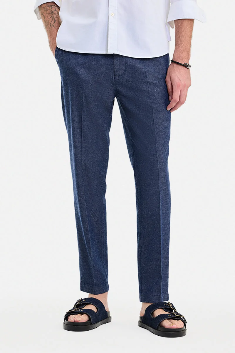 SNITCH Navy Textured Regular Fit Casual Trousers