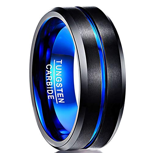 NUNCAD Black Matte Finish Tungsten Rings for Men Women with Blue Grooved Center Polished Beveled Edges 8mm Men Wedding Rings Comfort Fit Size 15 - Image 1