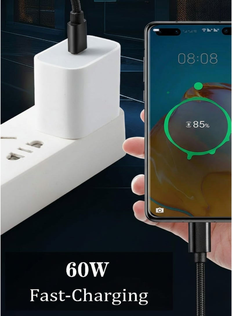 كابل USB-C إلى USB-C 60 واط شحن سريع - كابل بيانات وشحن من النوع C مضفر من النايلون لأجهزة iPhone 16/15 وiPad Pro وMacBook وSamsung وPixel (1 متر) أسود - Image 3