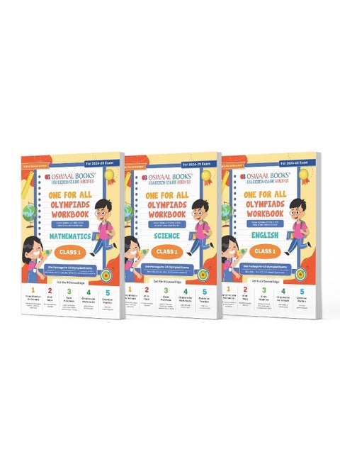 Oswaal One For All Olympiad Workbook Class 1 (Set of 3 Books) Maths, Science & English For 2024-25 Exam