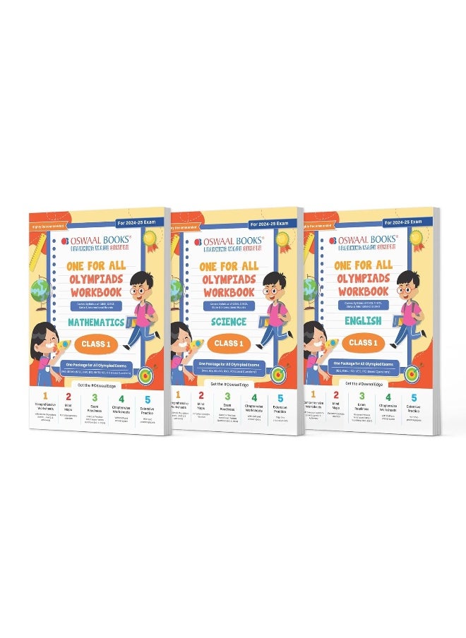 Oswaal One For All Olympiad Workbook Class 1 (Set of 3 Books) Maths, Science & English For 2024-25 Exam  - Image 1