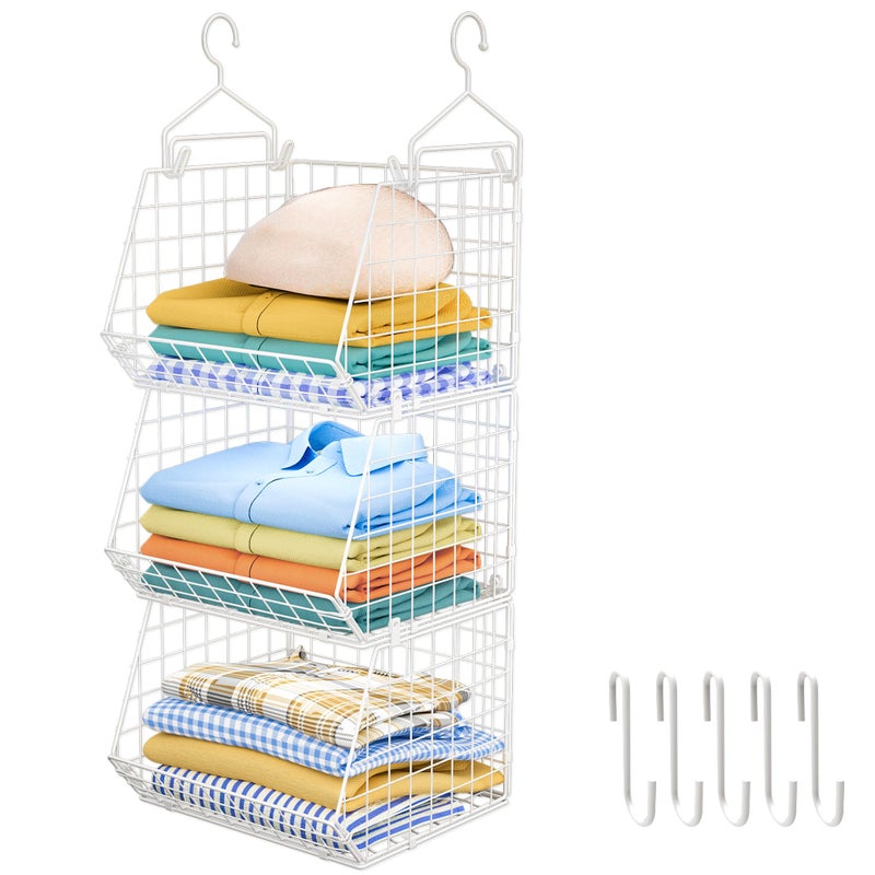 Xcosrack 3 Tier Foldable Closet Organizer Clothes Shelves with 5 S Hooks Wall MountCabinet Wire Storage Basket Bins for Clothing Sweaters Shoes Handbags Clutches AccessoriesWhite Patent Design