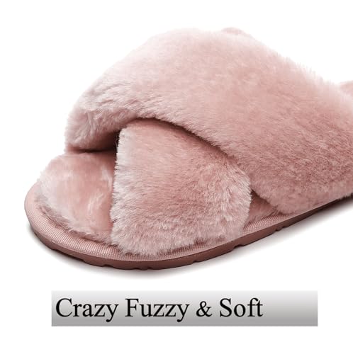 Crazy Lady Women's Fuzzy Fluffy House Slippers Cute Plush Memory Foam Shoes Cross Band Indoor Outdoor Open Toe Sandals(06/Pink, 5.5-6.5) - Image 3