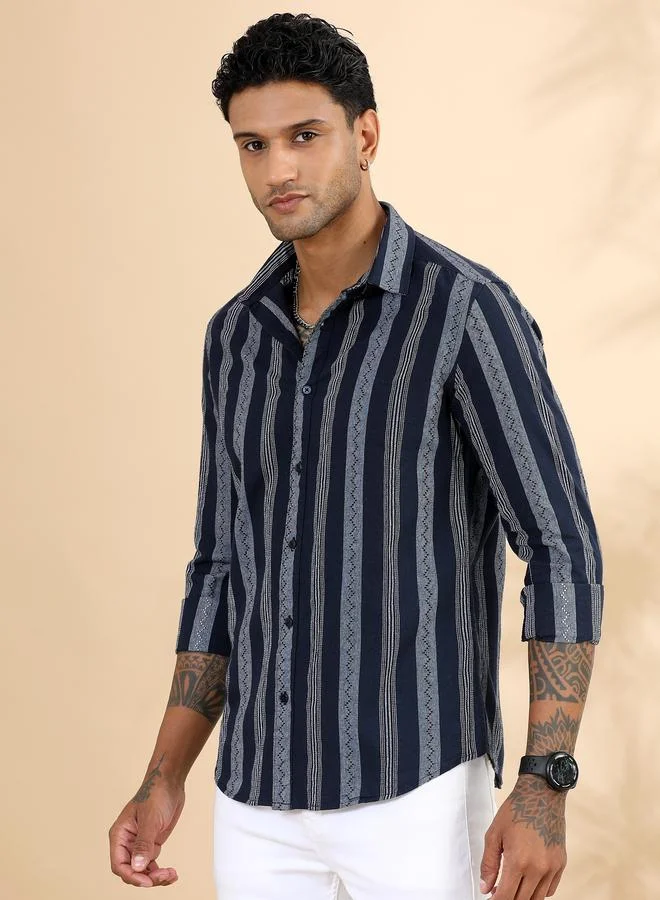 Bushirt Bushirt Men Navy Blue Striped Spread Collar Shirt