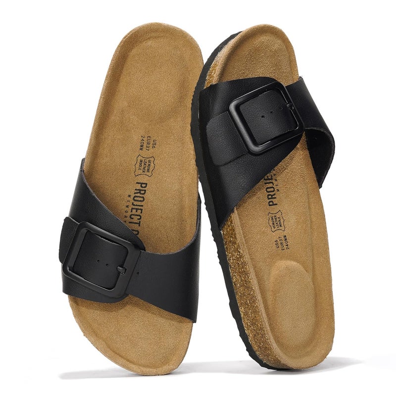 Project Cloud 100% Genuine Leather Sandals Women Dressy Beach Essentials Slides for Women Footwear-Lightweight with Memory Foam Insole Sandals for Women 2026-Womens Slides (Ibiza, Blk, 10) - Image 1