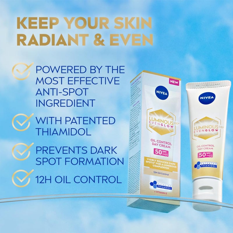 Nivea NIVEA Luminous Even Glow Oil Control Day Cream for face SPF 50 with UV protection UVA UVB filters Thiamidol Hyaluronic Acid Vitamin E for Dark Spots Reduction Deep Moisturization - Image 2