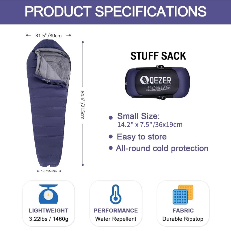 QEZER Down Mummy Sleeping Bag for Adults, 3 Season Lightweight Compact for Camping Backpacking Hiking, 45Â°F to 18Â°F Sleeping Bag with 600 Fill Power Down - Image 2