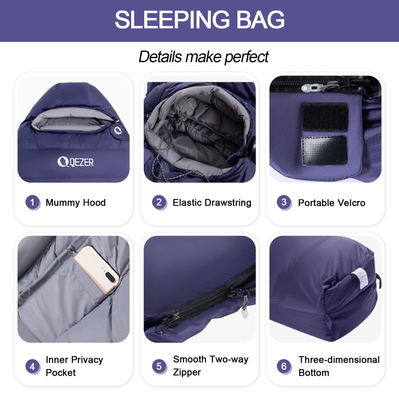 QEZER Down Mummy Sleeping Bag for Adults, 3 Season Lightweight Compact for Camping Backpacking Hiking, 45Â°F to 18Â°F Sleeping Bag with 600 Fill Power Down - Image 4