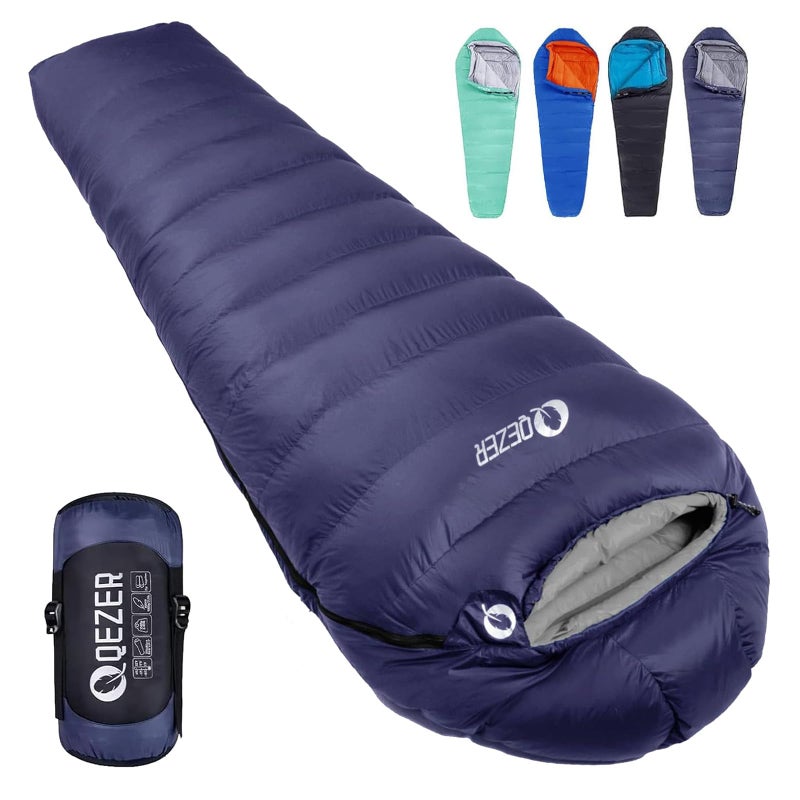 QEZER Down Mummy Sleeping Bag for Adults, 3 Season Lightweight Compact for Camping Backpacking Hiking, 45Â°F to 18Â°F Sleeping Bag with 600 Fill Power Down - Image 1
