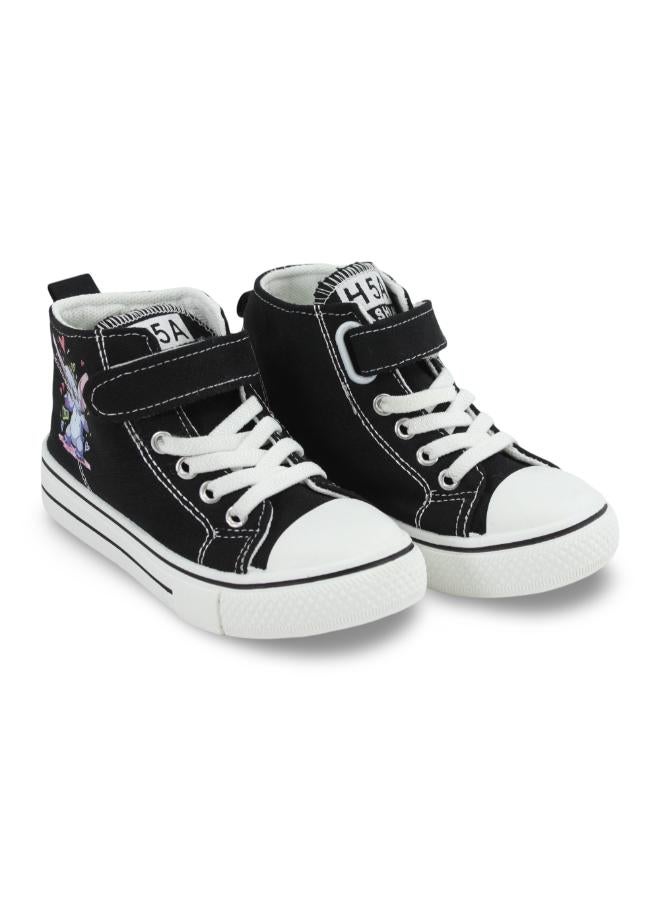 Girls Canvas Half Boots – Black with Stitch Print - Image 1