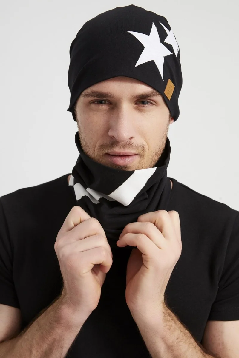 Butikgiz Men's Black and White Starry Champion Drawstring 4 Season Hat Beanie Neck Collar Soft Combed Cotton
