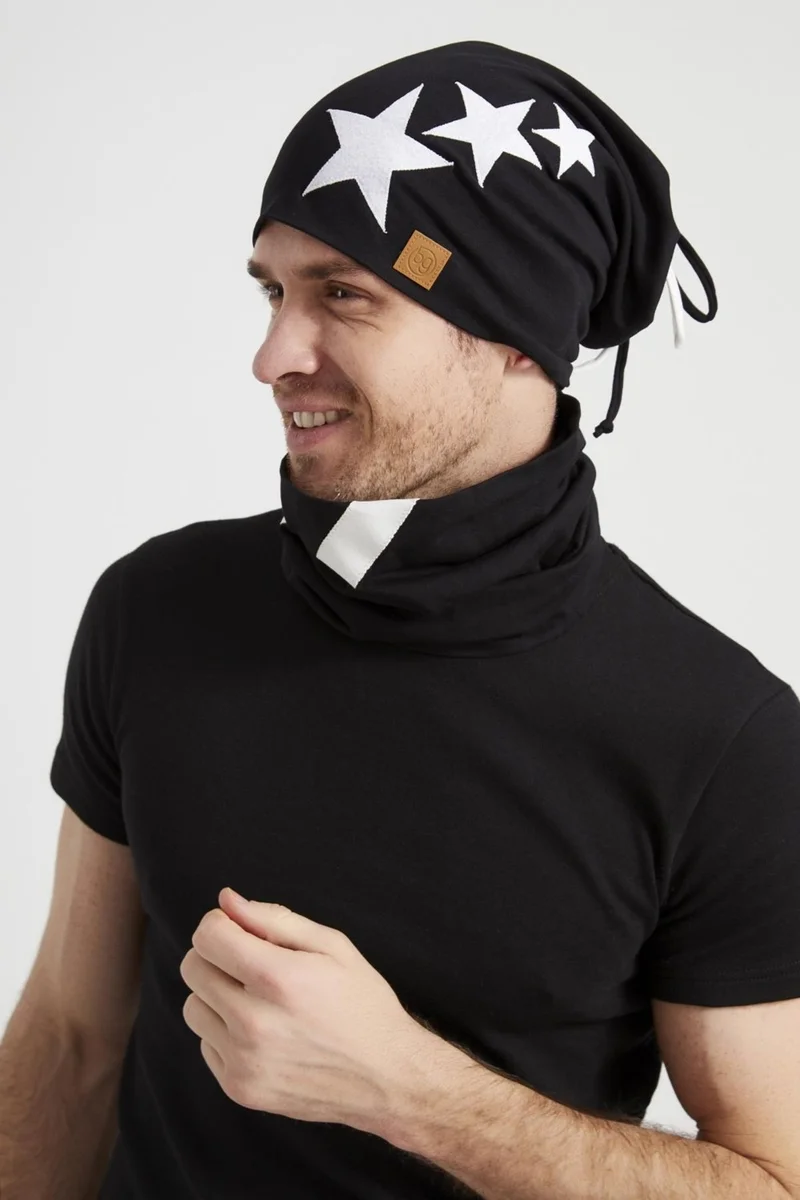 Butikgiz Men's Black and White Starry Champion Drawstring 4 Season Hat Beanie Neck Collar Soft Combed Cotton