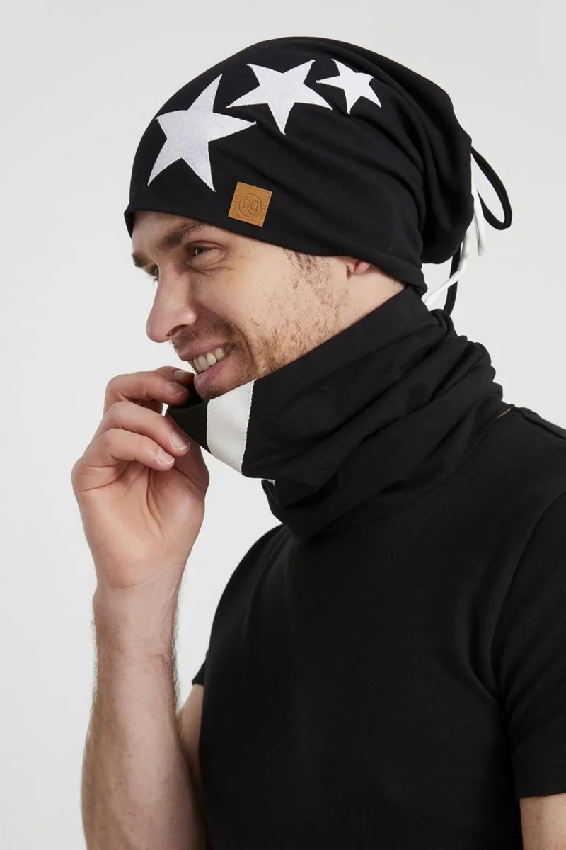 Butikgiz Men's Black and White Starry Champion Drawstring 4 Season Hat Beanie Neck Collar Soft Combed Cotton