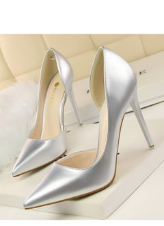 BIGTREE Fashion Simple Slim Patent Leather Shallow Mouth Pointy Hollowed Out Slim Heels  Silver  - Image 1