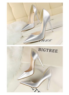 BIGTREE Fashion Simple Slim Patent Leather Shallow Mouth Pointy Hollowed Out Slim Heels  Silver  - Image 2