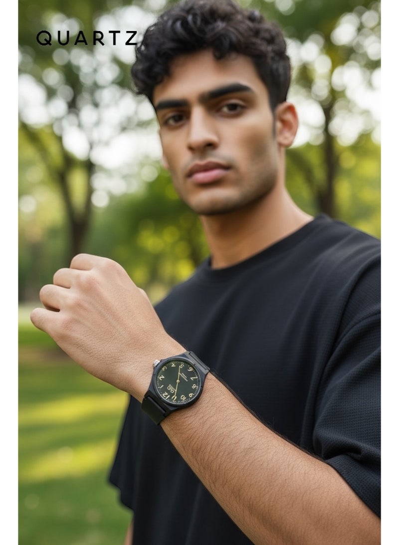 QUARTZ Men's Wrist Watch Water Resistant Up To 10 Bar With Elegant Black Design And Comfortable Silicone Strap Featuring A Luxurious Golden Dial Suitable For Daily And Formal Wear - Image 4