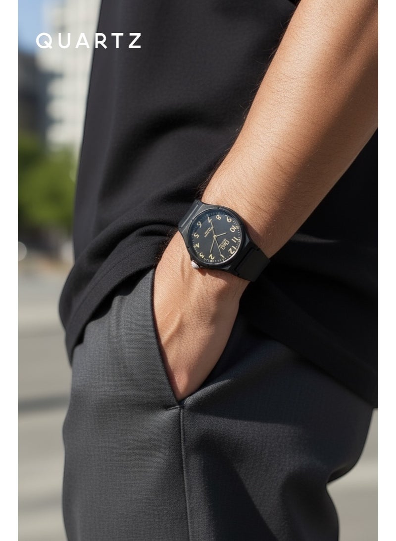 QUARTZ Men's Wrist Watch Water Resistant Up To 10 Bar With Elegant Black Design And Comfortable Silicone Strap Featuring A Luxurious Golden Dial Suitable For Daily And Formal Wear - Image 5