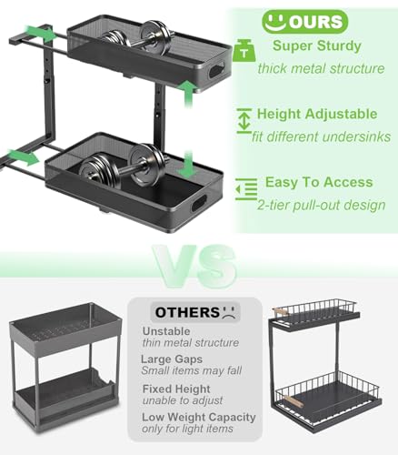 Dolesman Under Sink Organizer 2 Pack, High Adjustable 2 Tier Under Sink Organizers and Storage, Slide out Metal Cabinet Organizers, Pull out Storage Drawer Shelf for Kitchen Bathroom Cabinet - Image 2